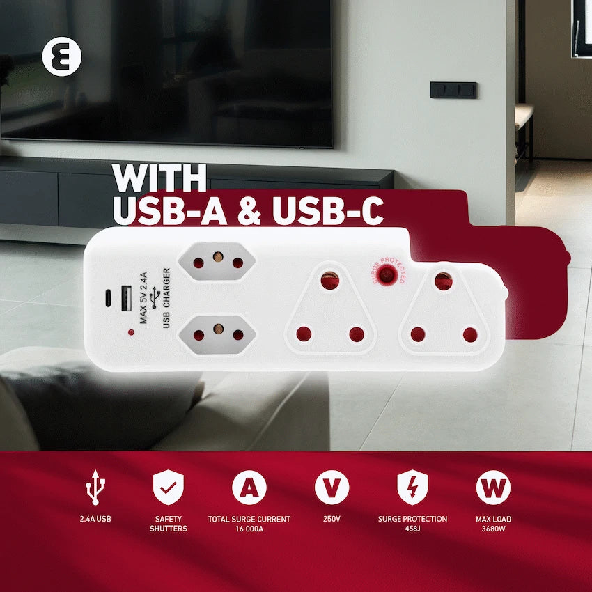 Ellies  4 Way Surge adaptor with type C + USB - WT - image 12