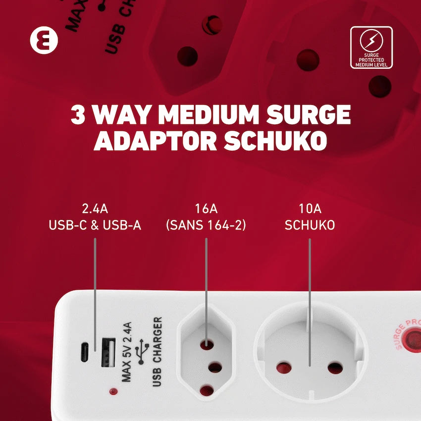 Ellies 3 Way Surge adaptor Schuko,with type C + USB - WT - image 13
