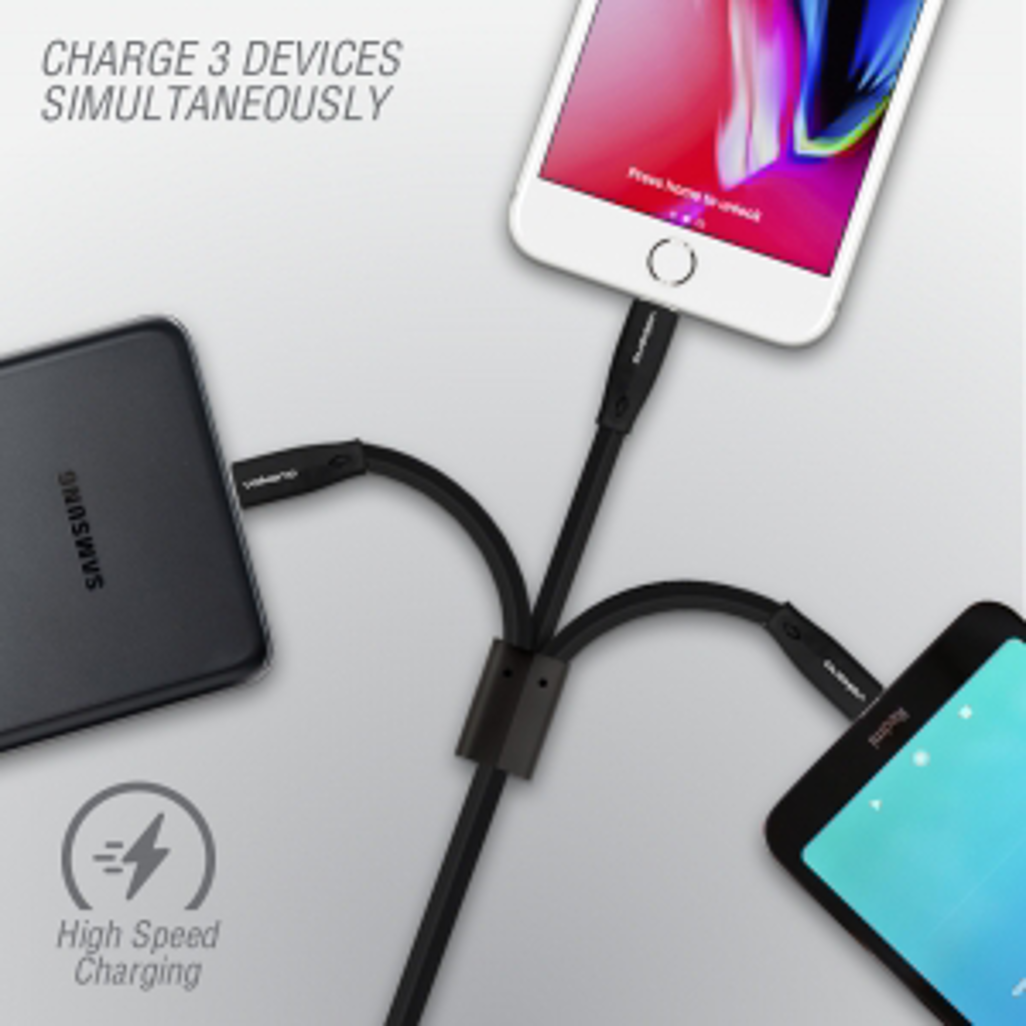 Volkano Slim Series Flat PVC 3-in-1 (Type-C / Lightning / Micro) Cable 1m - Black