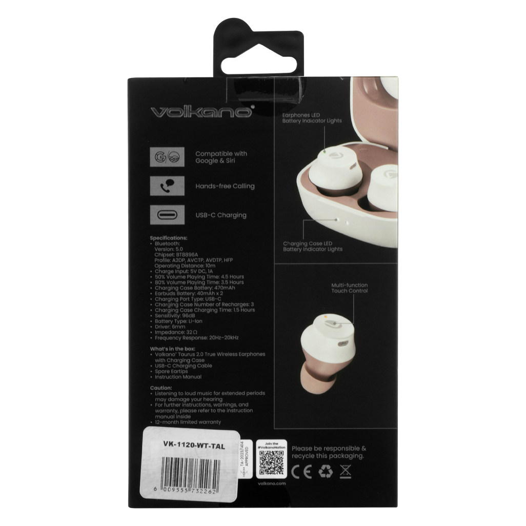 Volkano Taurus Series 2.0 True Wireless Earphones - White