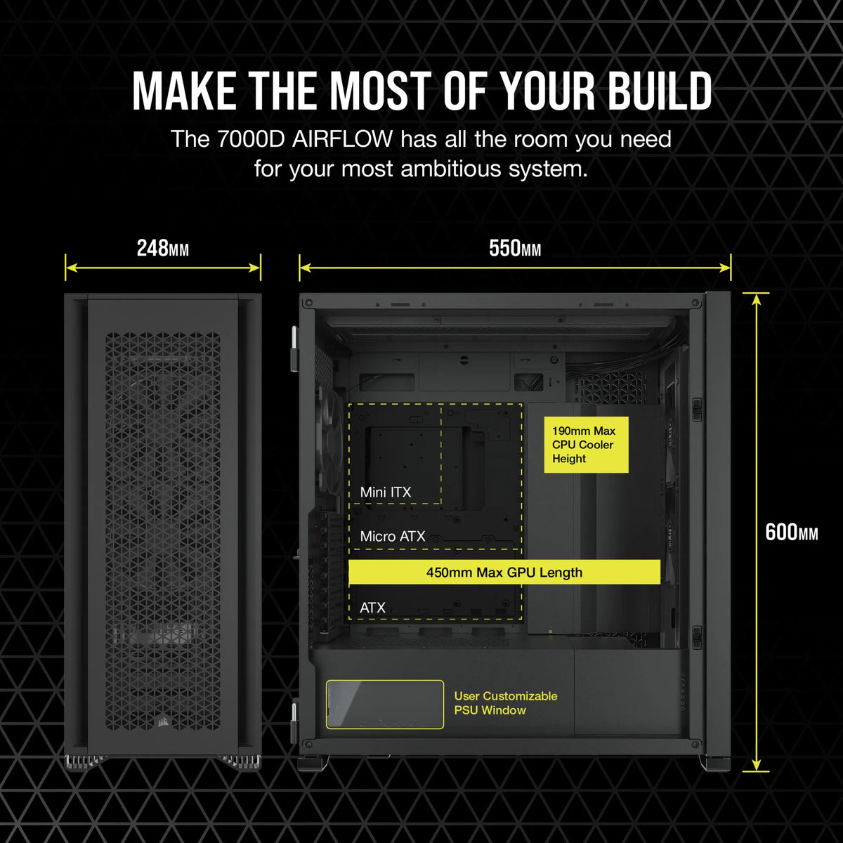 7000D Airflow Black Tempered Glass Full Tower; 6x 3.5'' |  4x 2.5'' Drive Bays ; 480mm Radiator Compatible; 3x140mm fan incl - image 2