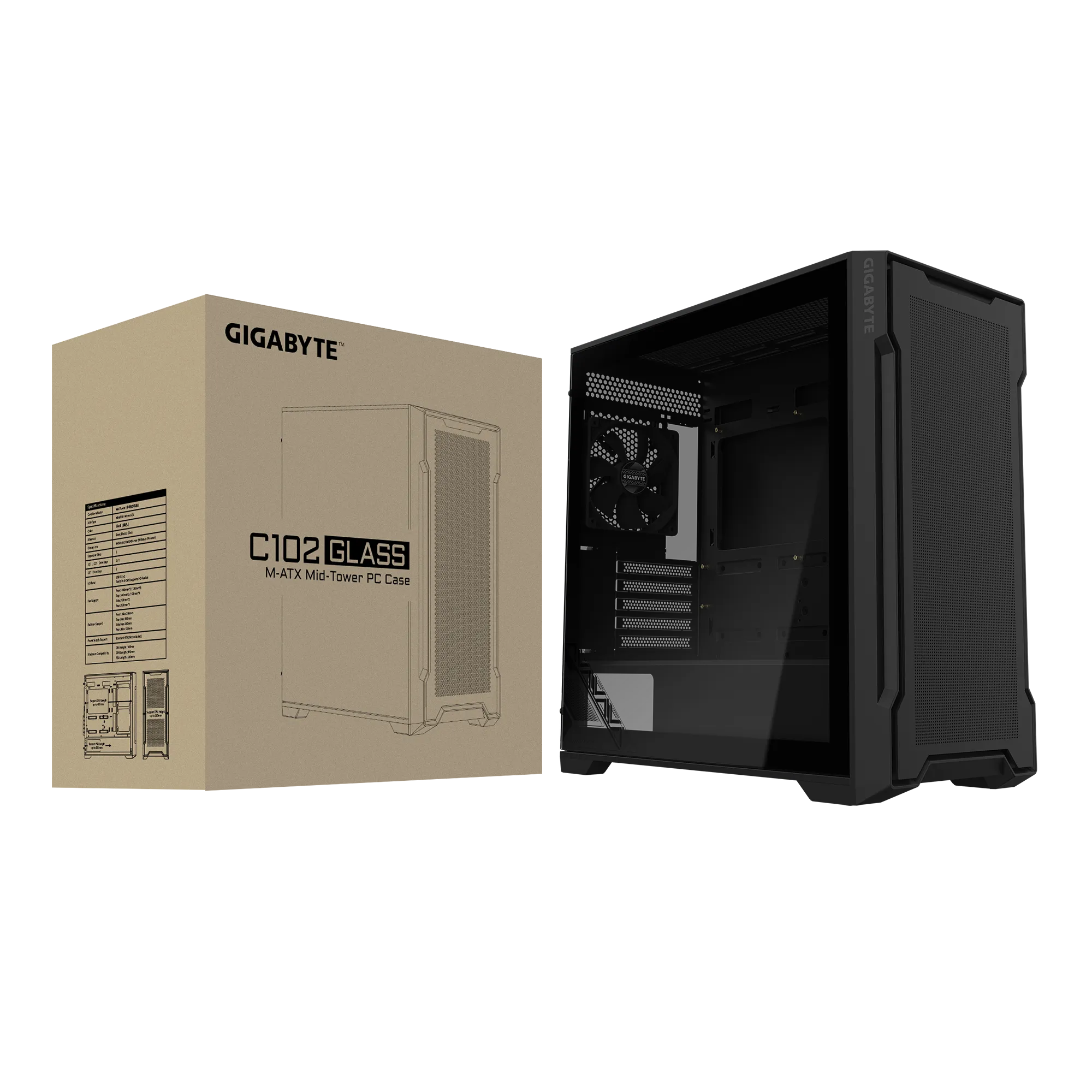 Gigabyte C102 Glass Micro ATX Chassis; 2x 3.5'' | 2x 2.5'' Drive Bays; 360mm Radiator compatible; 2x 120mm fan incl; Black - image 2