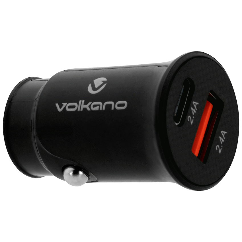Volkano On-The-Go USB + Type-C 12w Car Charger - Black