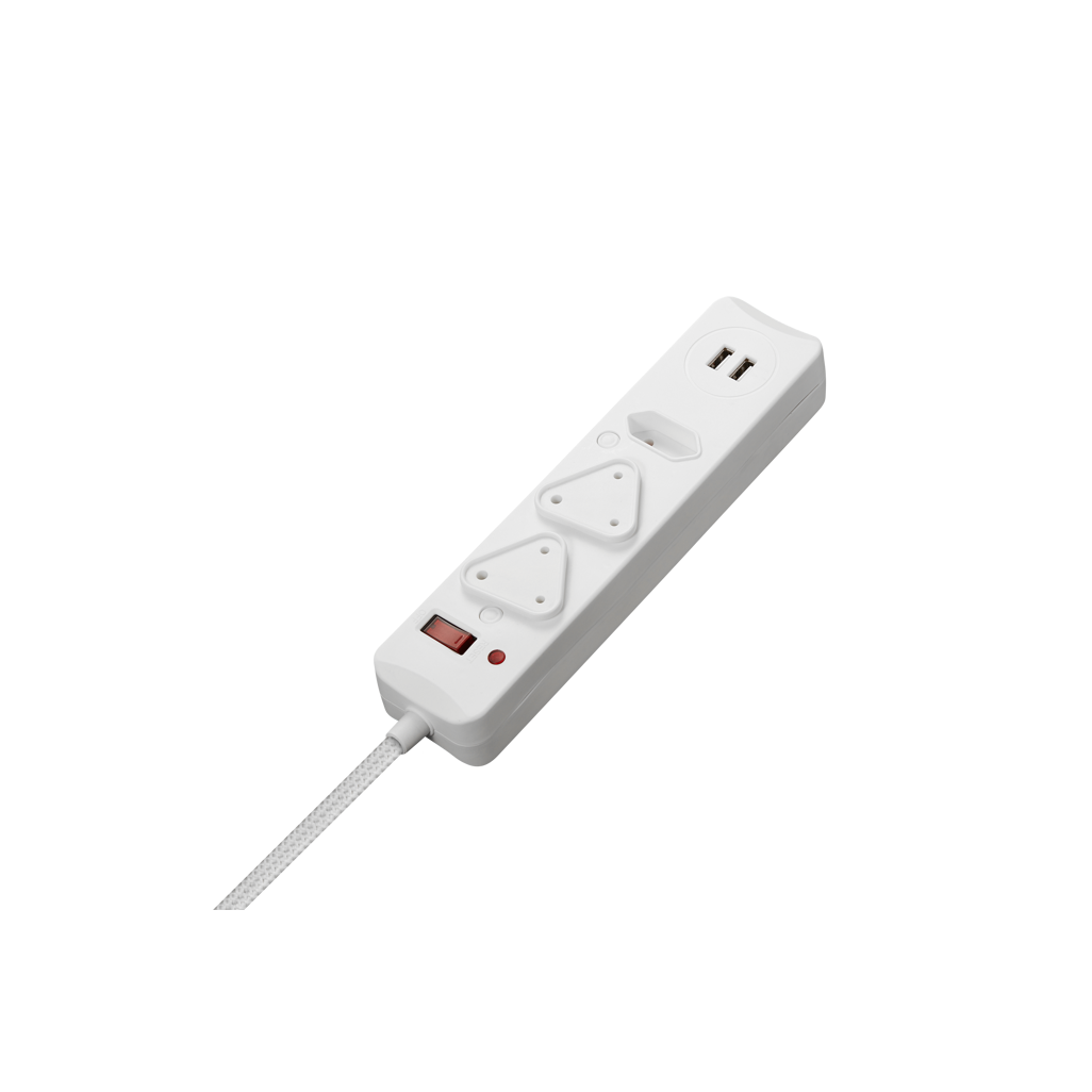 Switched 3-Way Surge-Protected Multiplug with Dual 2.4a USB Ports 3m Braided Cord - White