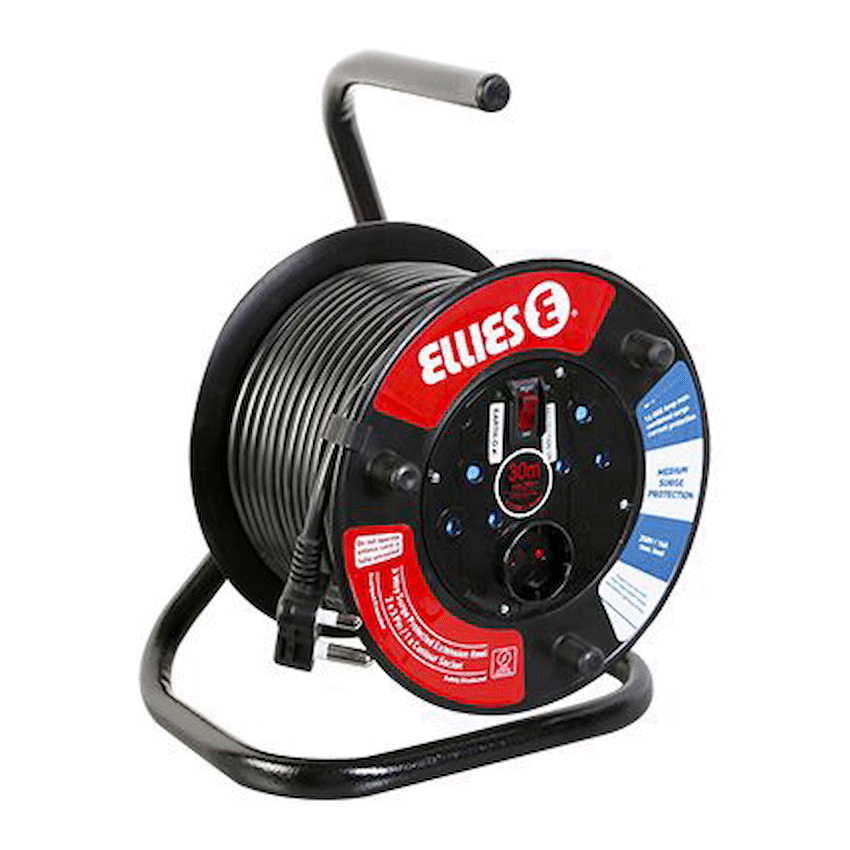 Ellies Heavy Duty Medium Surge Protected Extension Reel 10m - Black