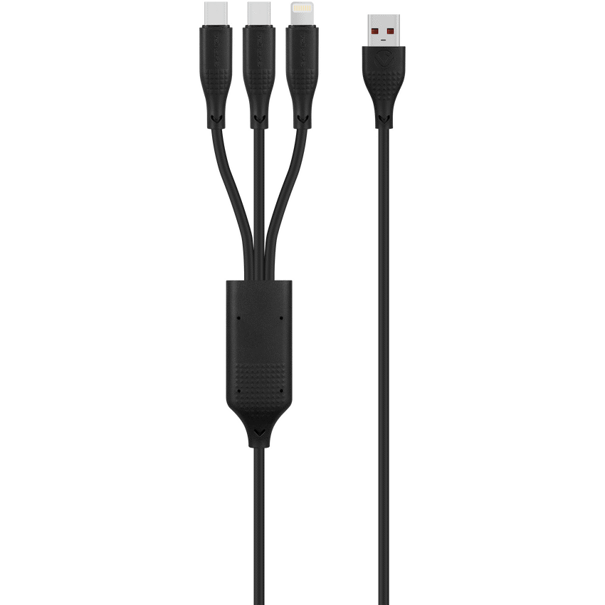 Volkano Nova Series USB-A to 2 USB-C and Lightning Cable 100W 1.2m TPE - Black