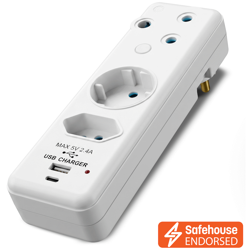 Ellies 3-Way Schuko Adaptor with Type-C + USB - White