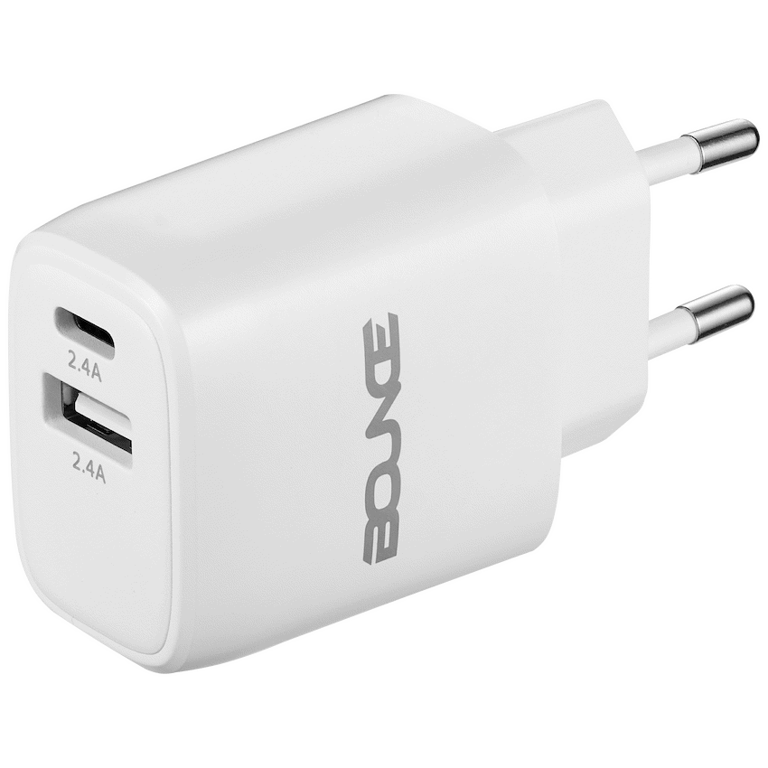 Bounce Tag Series Dual USB & USB-C 12W Wall Charger - White