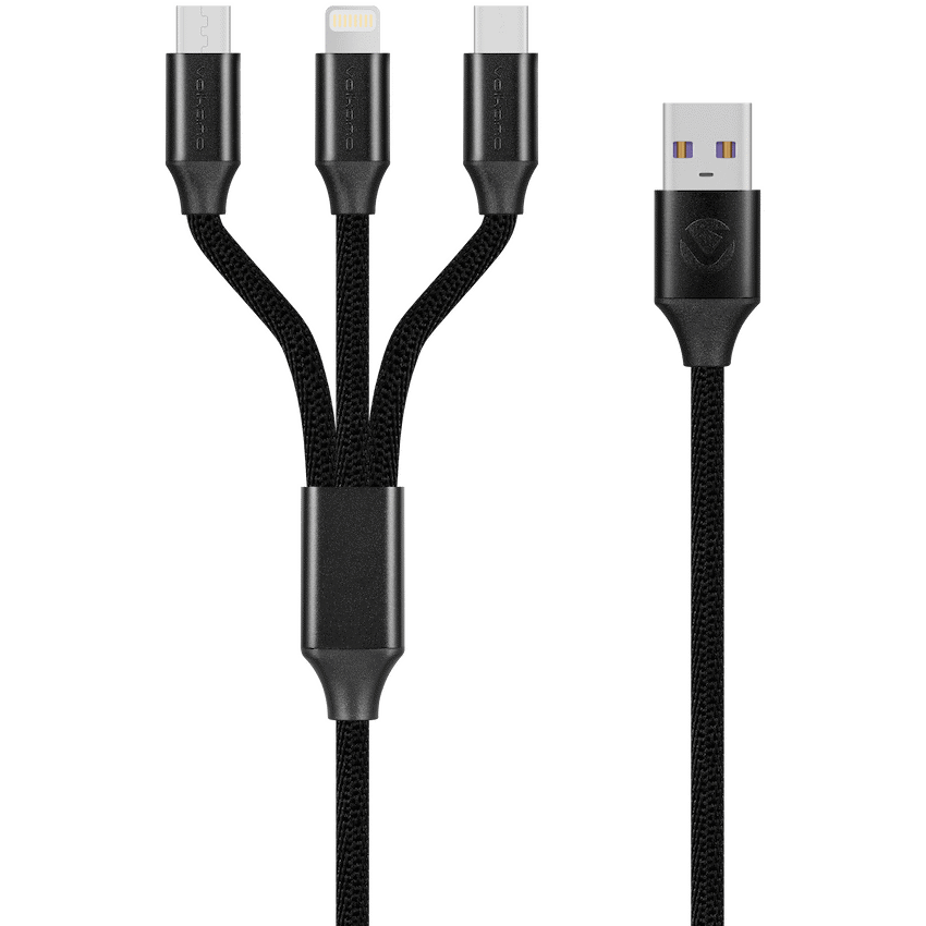 Volkano Weave Series Fabric Braided 3-in-1 (Type-C/Lightning/Micro) Cable 1m - Black