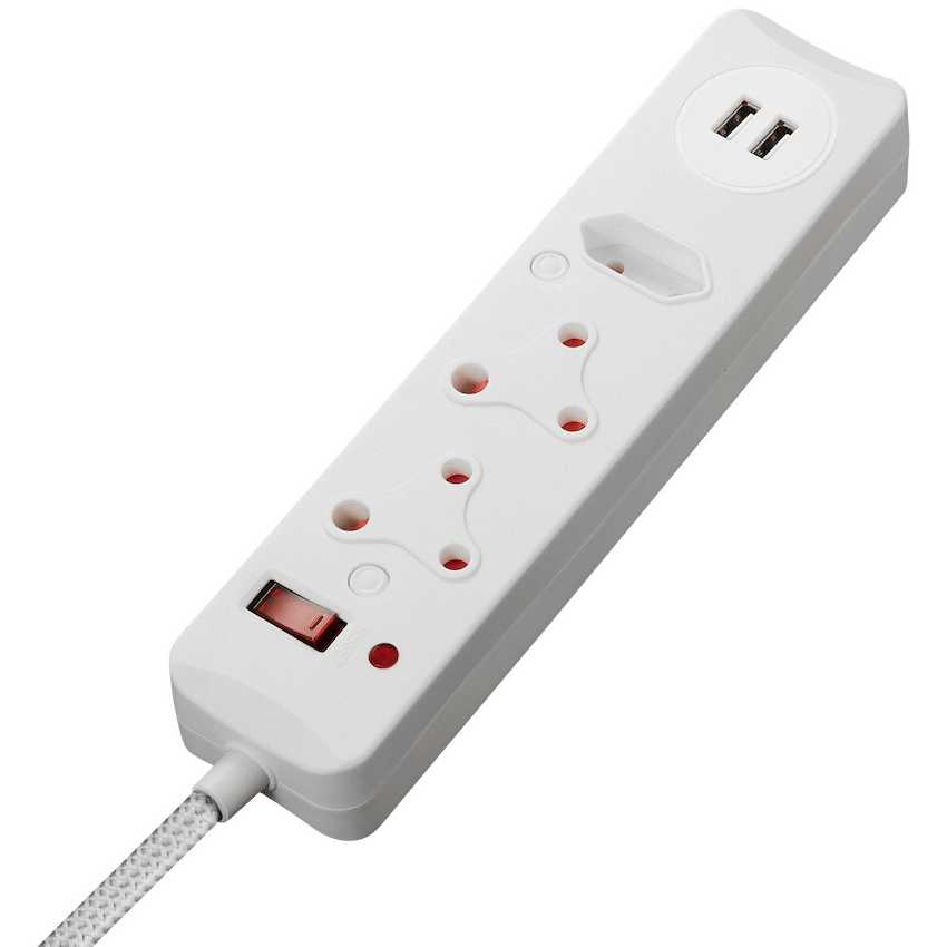 SWITCHED 3 Way Medium Surge Protected Multiplug with Dual 2.4A USB Ports 0.5M Braided Cord White