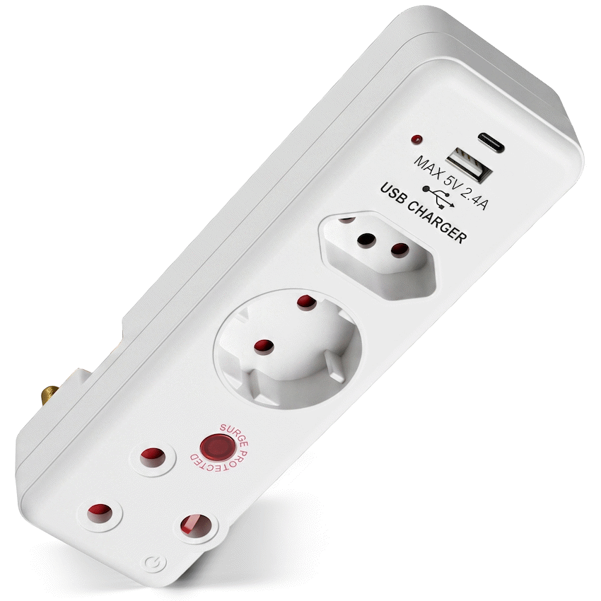 Switched 3-Way Medium Surge Adaptor - Schuko with Type-C + USB