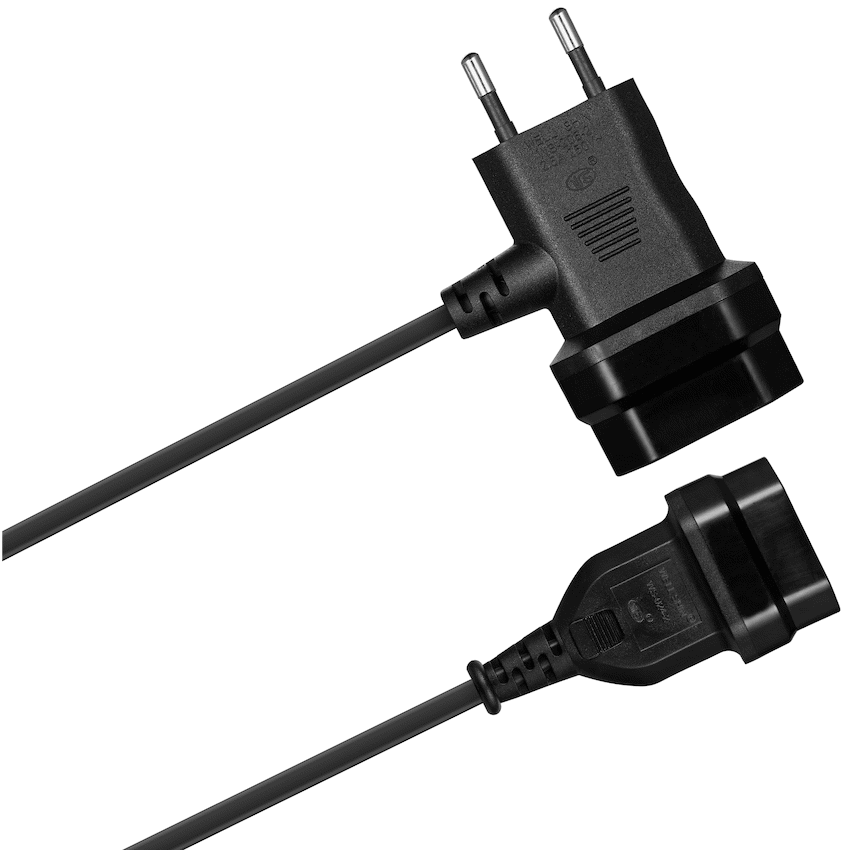 Switched Easy Cable Extender 2-Pin Euro to T-Shape AC 2-Pin Euro Socket 2m - Black