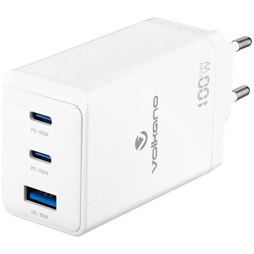 Volkano WattPro Series Triple Port 100W GaN Wall Charger - White