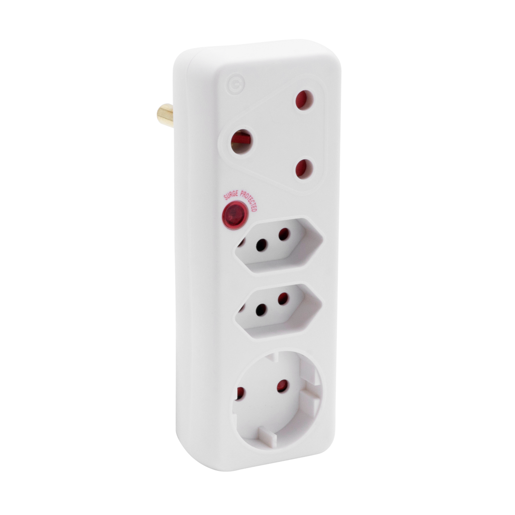 Switched 4-Way Medium Surge Adaptor with Schuko - White