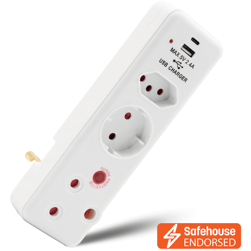 Ellies 3 Way Surge adaptor Schuko,with type C + USB - WT