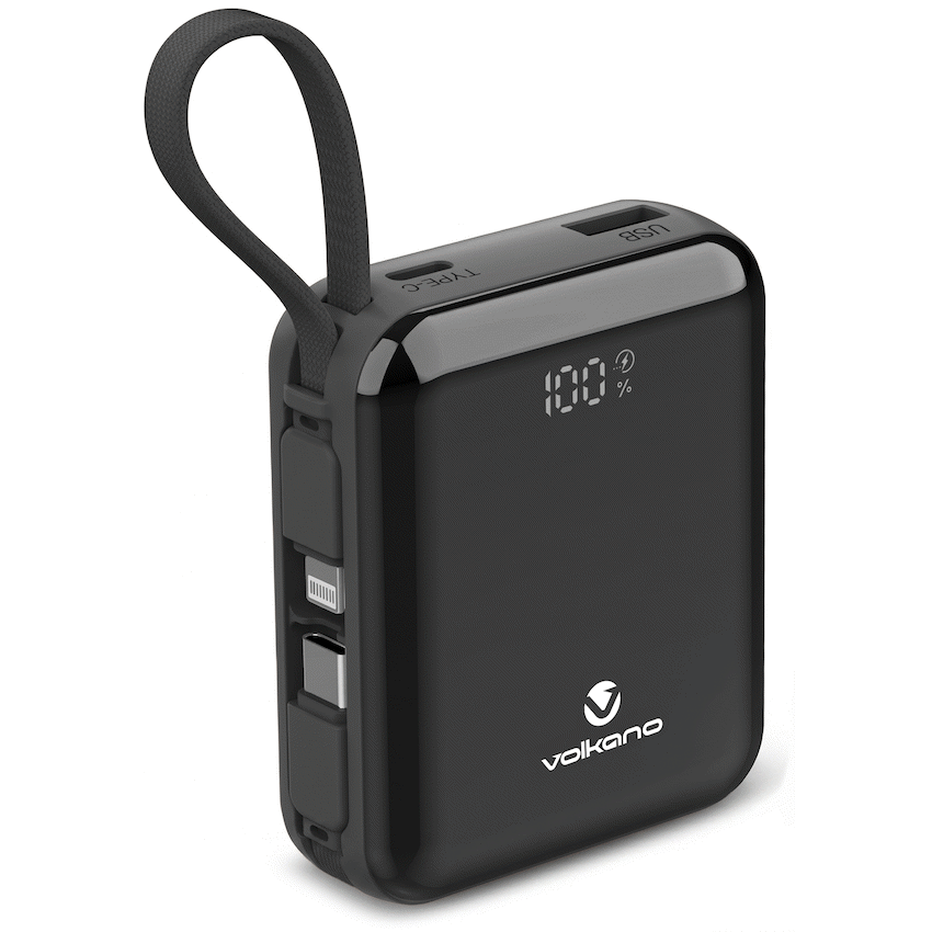 Volkano Solace Series 10 000 mAh Power Bank with Built-in USB-C & Lightning Cable - Black
