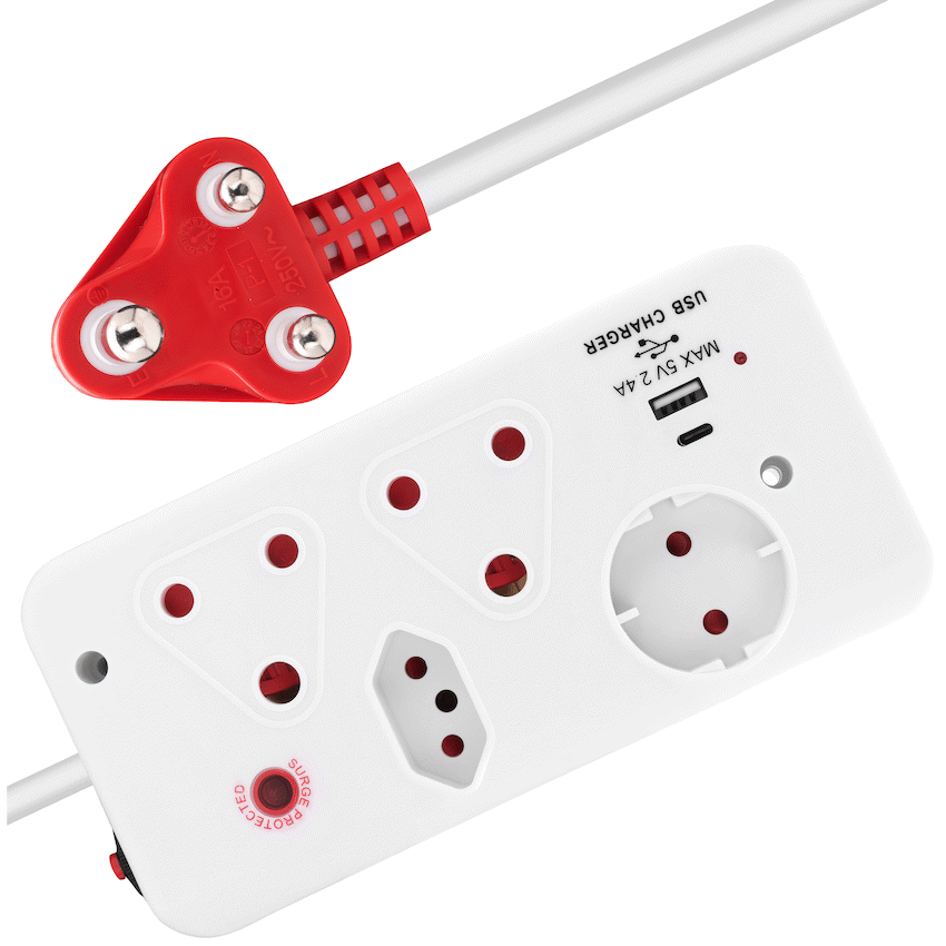 Ellies 4-Way Surge Multiplug with USB-A+USB-C 0.5m - WT