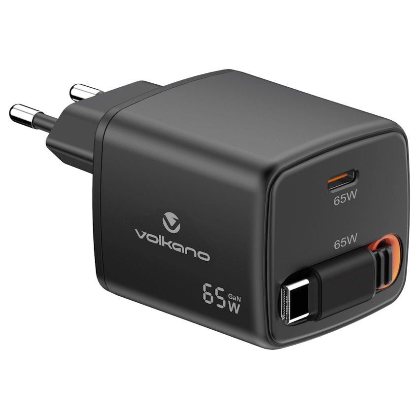 Volkano Sleek Series Fast Wall Charger 65W USB-C with Built-in Retractable 75cm Cable - Black