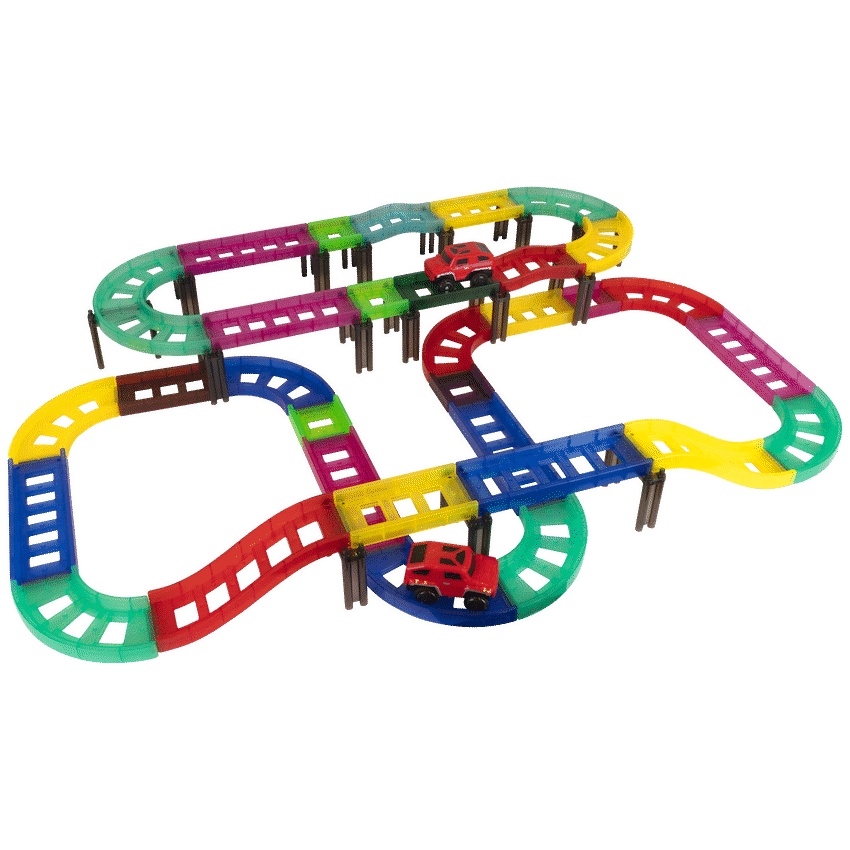 Edu-Matic Mini-Mag Magnetic Tile Tracks with 2 Cars and 93 Pieces