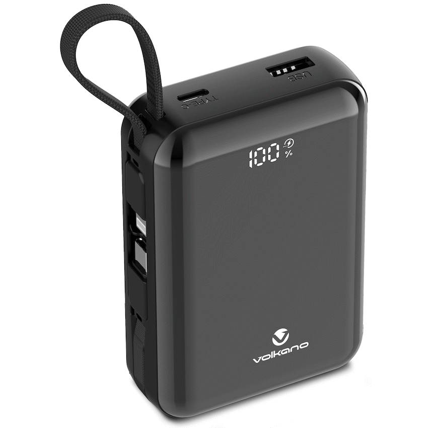 Volkano Solace Series 20 000 mAh Power Bank with Built-in USB-C & Lightning Cable - Black