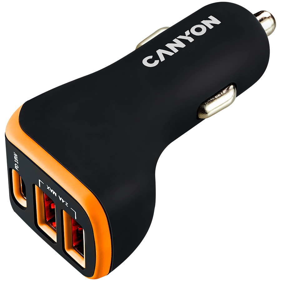CANYON C-08, Universal 3xUSB car adapter, Input 12V-24V, Output DC USB-A 5V/2.4A(Max) + Type-C PD 18W, with Smart IC, Black+Orange with rubber coating, 71*39*26.2mm, 0.028kg