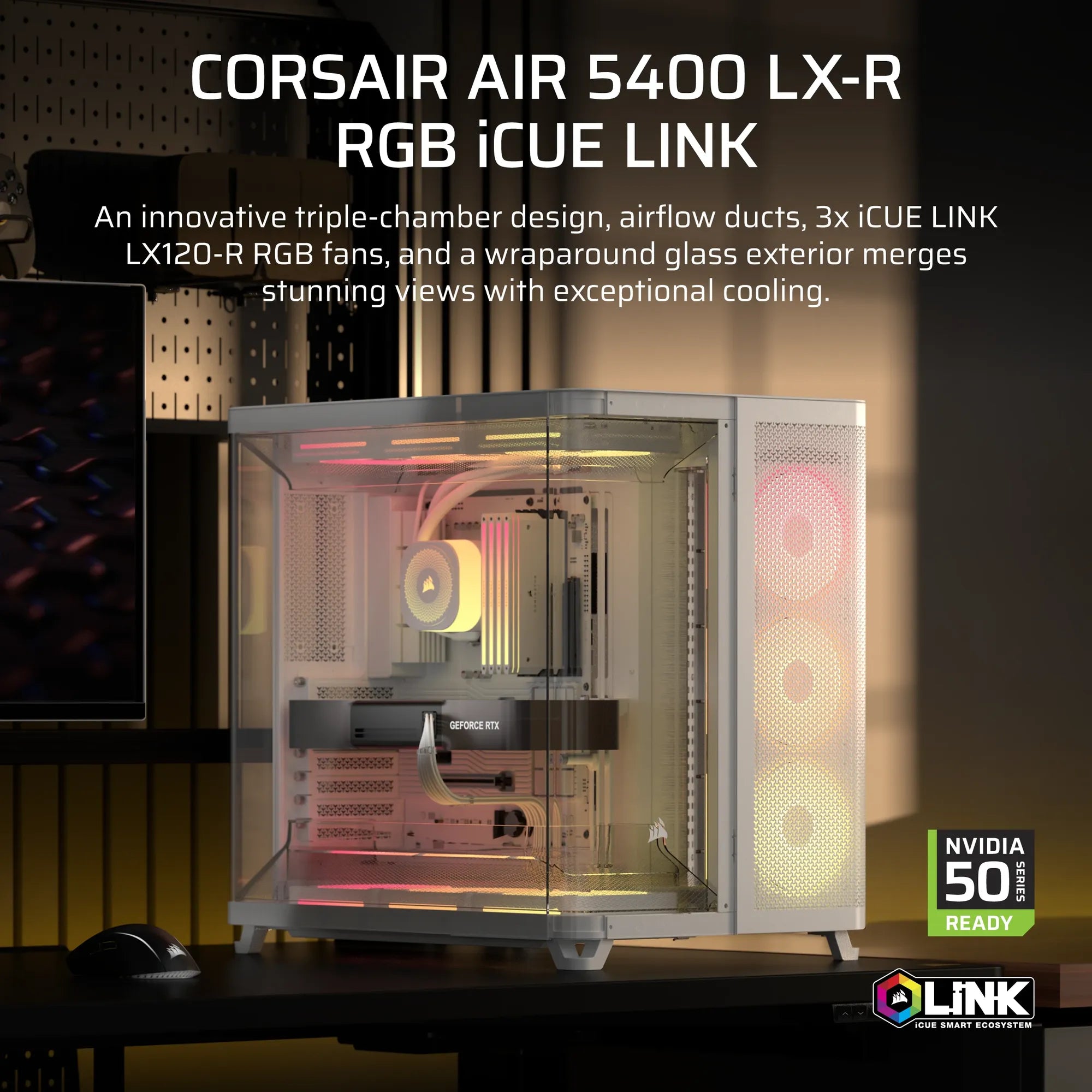 AIR 5400 LX-R RGB iCUE LINK Triple Chamber Mid-Tower PC Case ;3x Fans included;2x 2.5'' ; 1x 3.5''; White - image 4