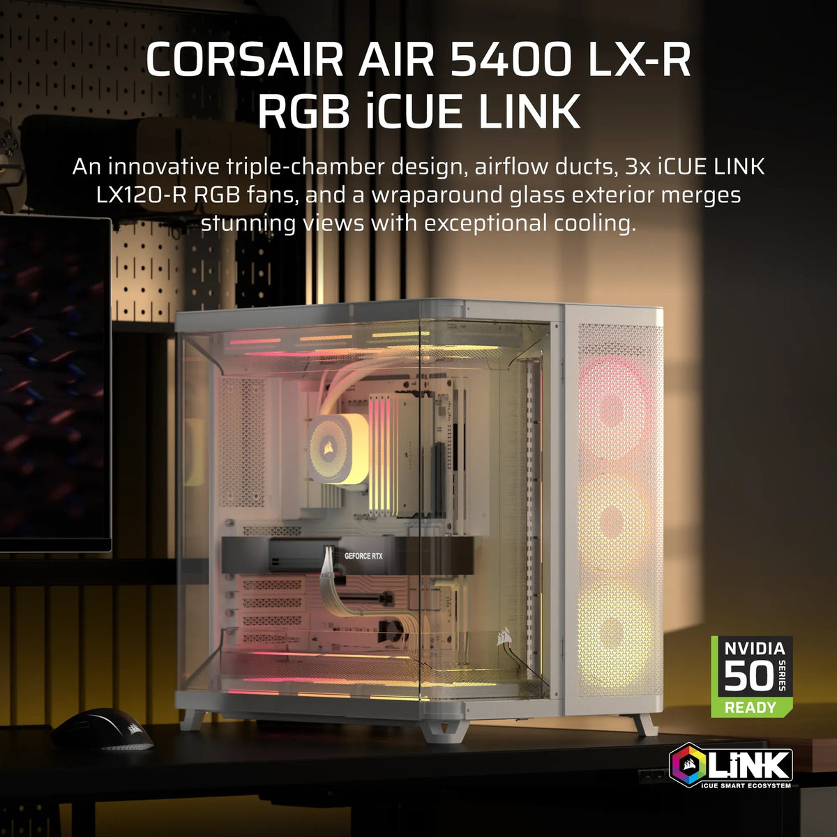 AIR 5400 LX-R RGB iCUE LINK Triple Chamber Mid-Tower PC Case ;3x Fans included;2x 2.5'' ; 1x 3.5''; White - image 4