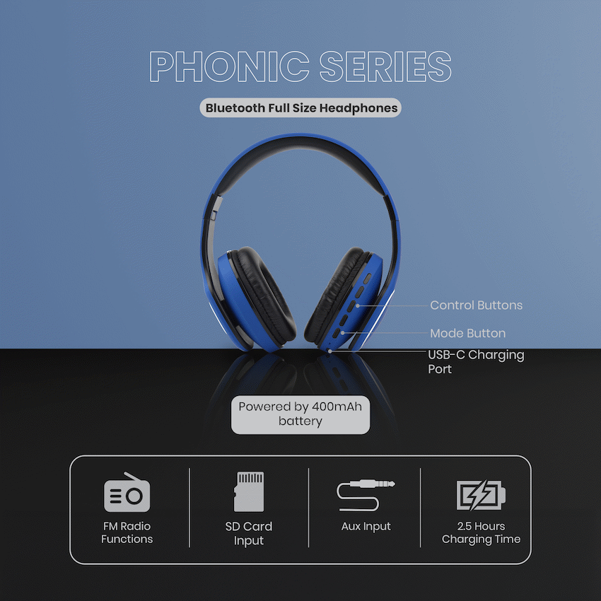Volkano Phonic Series Bluetooth Full Size Headphones - Blue - image 25