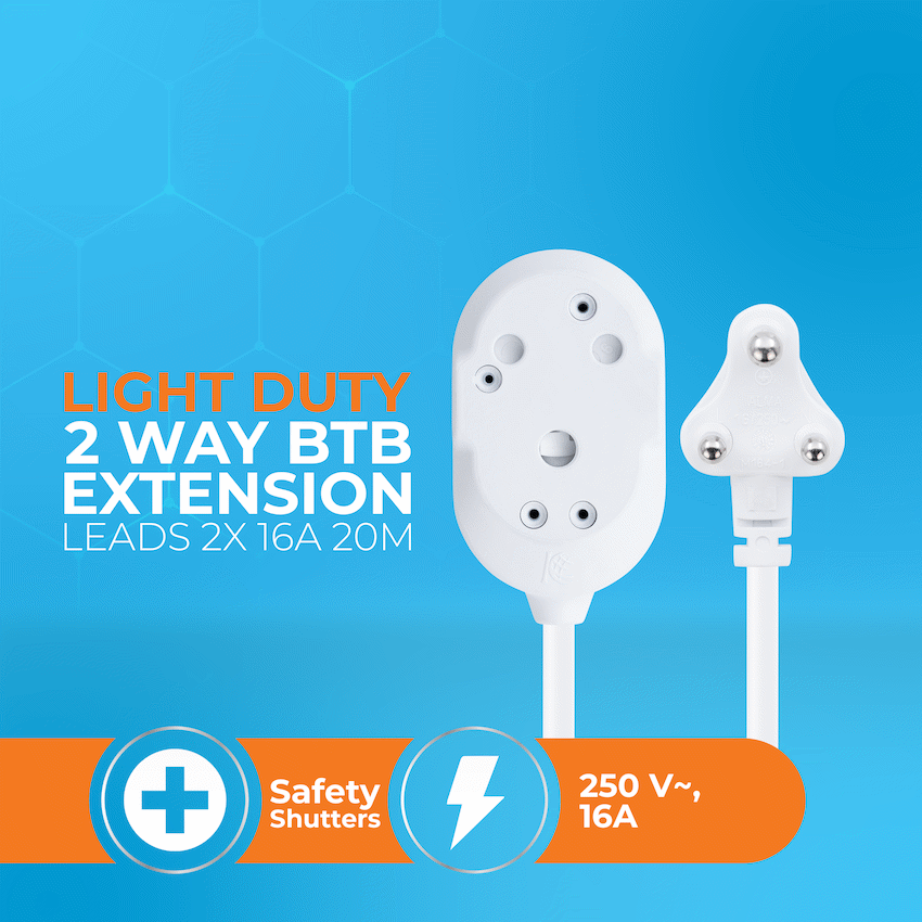 SWITCHED LIGHT DUTY Back To Back(BTB) EXTENSION LEADS 20M - WT - image 2