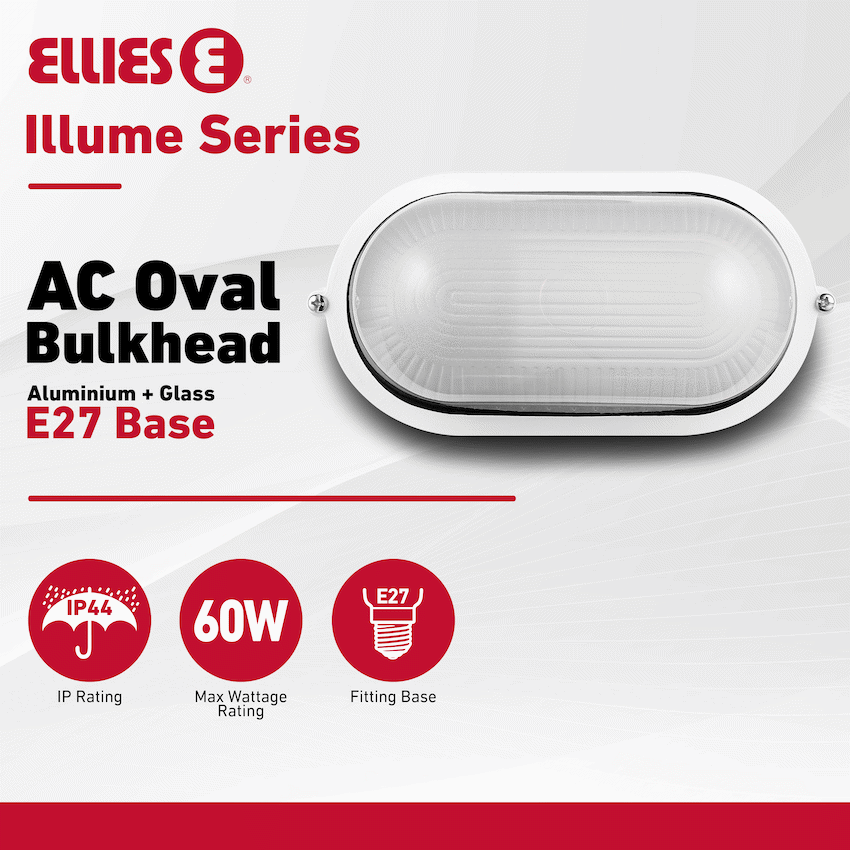 Ellies Illume Series - AC Oval Bulkhead - Aluminium + Glass - E27 Base - WT - image 2