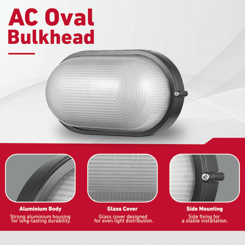 Ellies Illume Series - AC Oval Bulkhead - Aluminium + Glass - E27 Base - BK - image 2