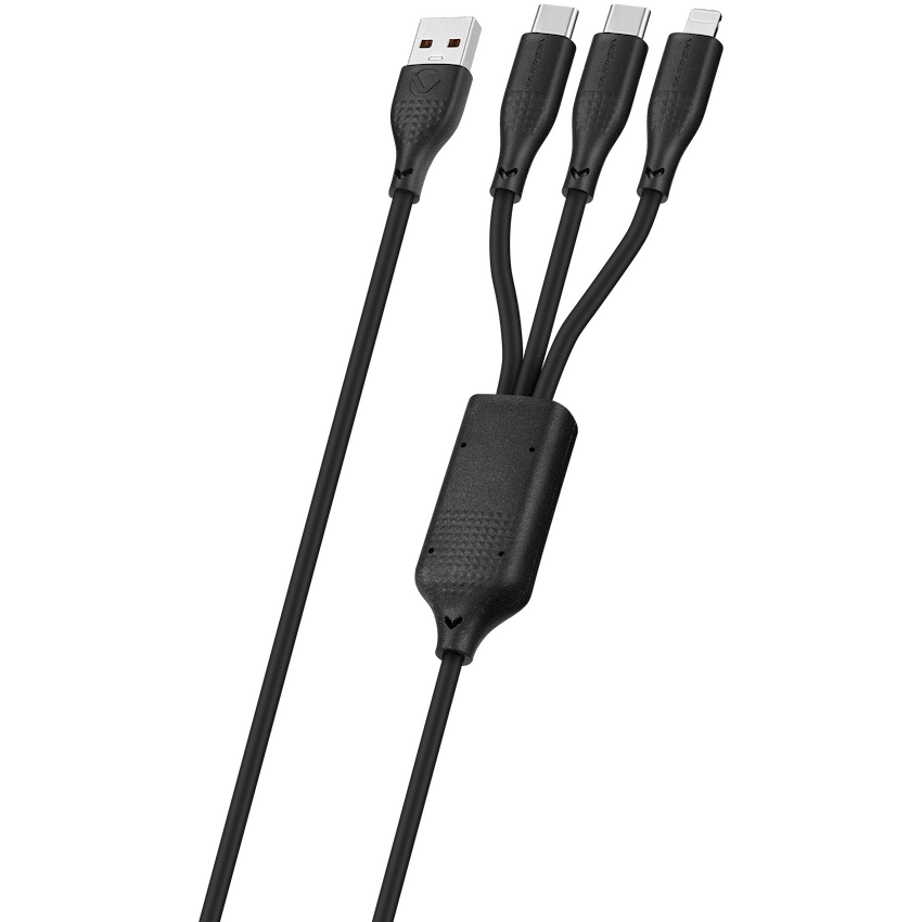 Volkano Nova Series USB-A to 2 USB-C and Lightning Cable 100W 1.2m TPE - Black - image 2