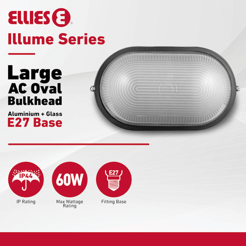 Ellies Illume Series - Large AC Oval Bulkhead - Aluminium  + Glass - E27 Base -BK - image 2