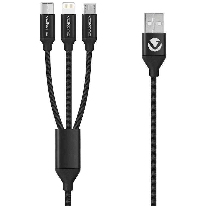 Volkano Weave Series Fabric Braided 3-in-1 (Type-C/Lightning/Micro) Cable 1m - Black - image 2