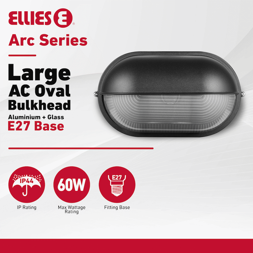 Ellies Arc Series - Large AC Oval Bulkheads - Aluminium + Glass - E27 Base -BK - image 2