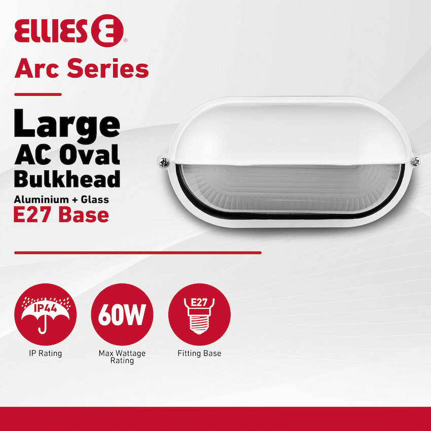 Ellies Arc Series - Large AC Oval Bulkhead - Aluminium + Glass - E27 Base -WT - image 2