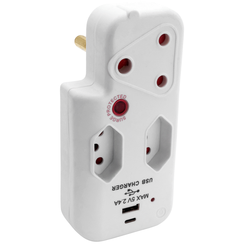 Switched 3-Way Medium Surge Adaptor with Type-C + USB - White - image 2