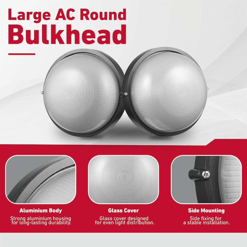 Ellies Illume Series - Large AC Round Bulkhead - Aluminium + Glass - E27 Base -BK - image 3