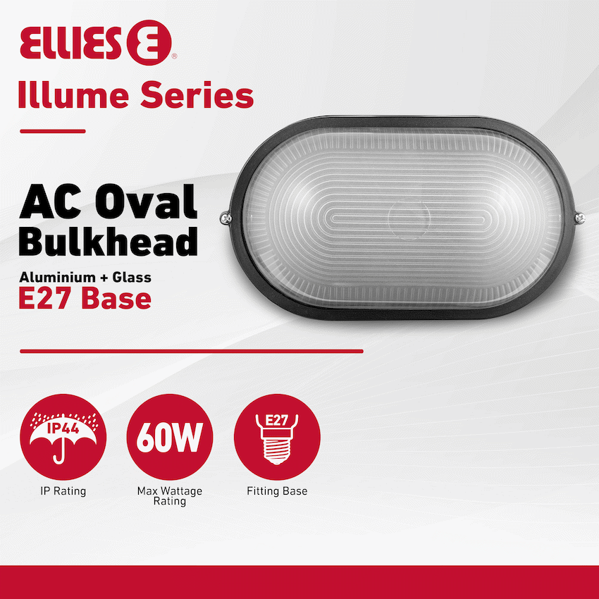Ellies Illume Series - AC Oval Bulkhead - Aluminium + Glass - E27 Base - BK - image 3