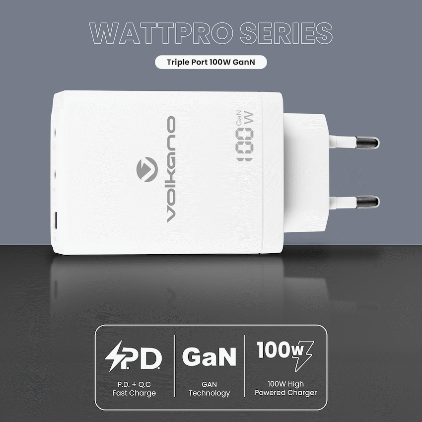 Volkano WattPro Series Triple Port 100W GaN Wall Charger - White - image 3