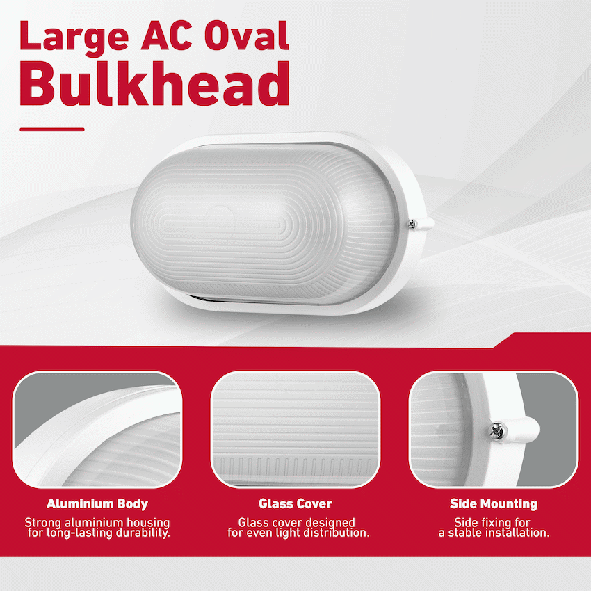 Ellies Illume Series - Large AC Oval Bulkhead - Aluminium + Glass - E27 Base -WT - image 3