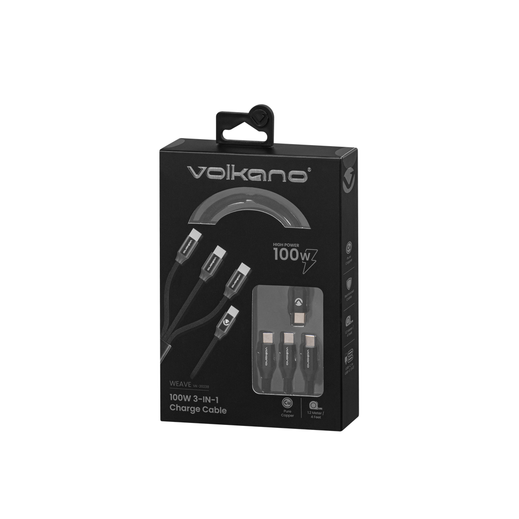 Volkano Weave Series 100w 3-in-1 Charge Cable (3 x Type C) - Black