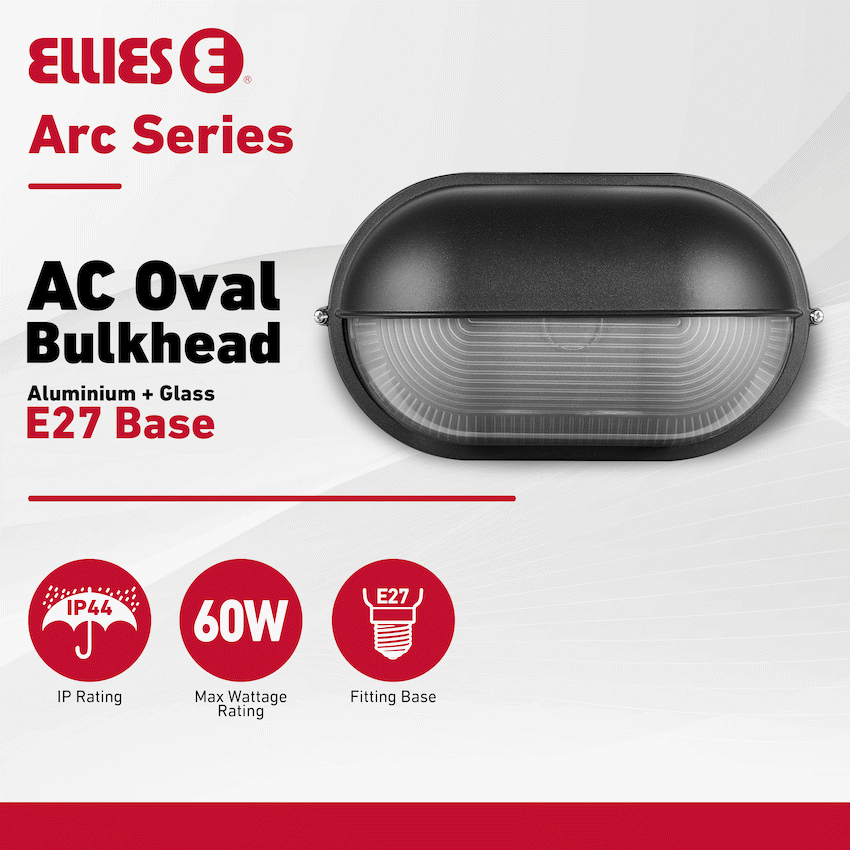 Ellies Arc Series - AC Oval LED Bulkhead - Aluminium + Glass - E27 Base -BK - image 3