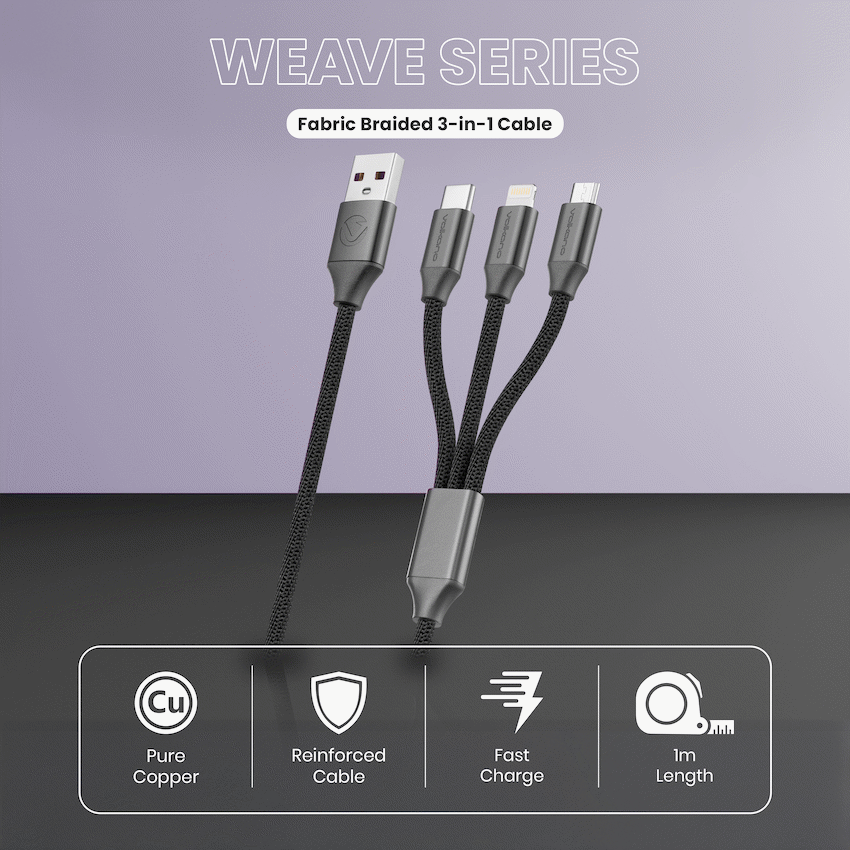 Volkano Weave Series Fabric Braided 3-in-1 (Type-C/Lightning/Micro) Cable 1m - Black - image 3