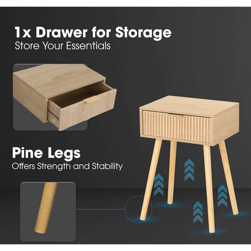 Everfurn Yoko Side Table Wood, Melamine, Pine Wood Legs, 1x Drawer - image 3