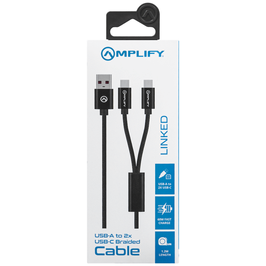Amplify Linked Series USB to 2 x USB-C Braided Cable 60W 1.2m - Black - image 3