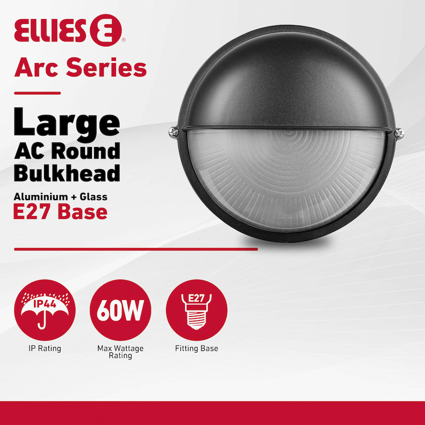 Ellies Arc Series - Large AC Round Bulkhead - Aluminium + Glass - E27 Base -BK - image 3