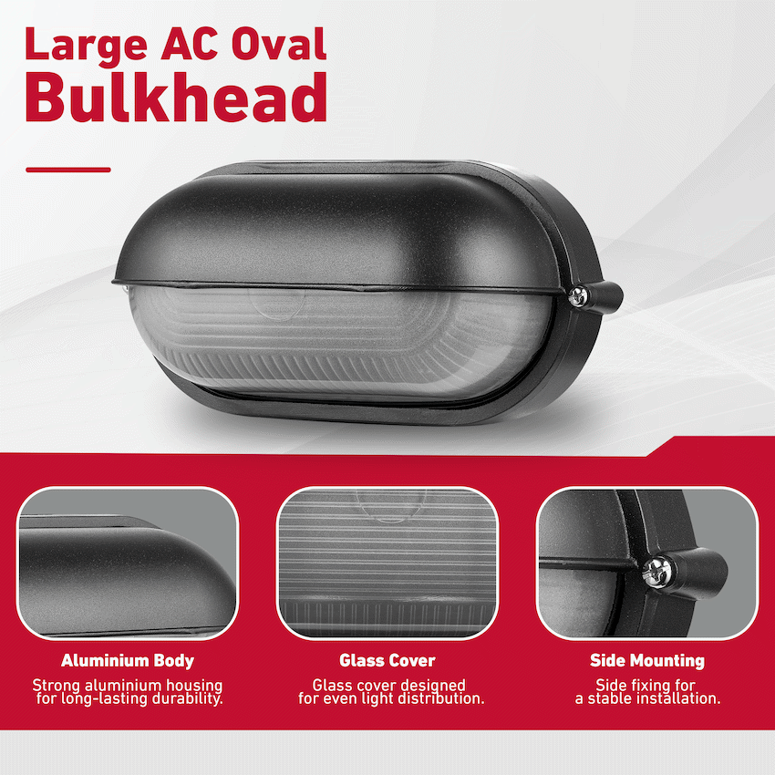 Ellies Arc Series - Large AC Oval Bulkheads - Aluminium + Glass - E27 Base -BK - image 3
