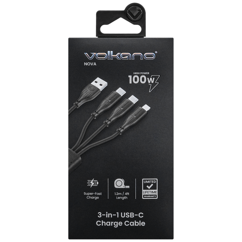 Volkano Nova Series USB-A to 2 USB-C and Lightning Cable 100W 1.2m TPE - Black - image 3