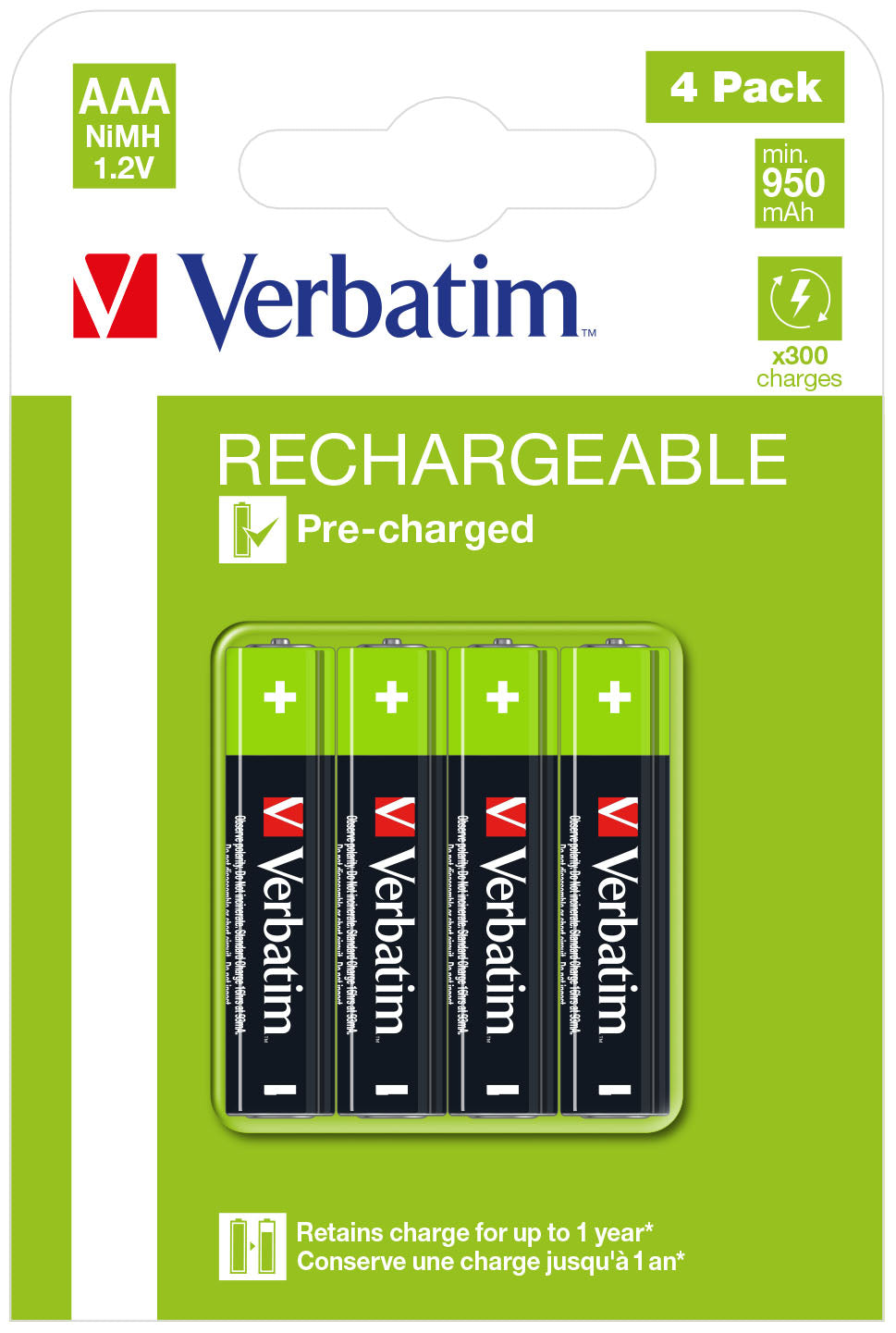 VERBATIM AAA PREMIUM RECHARGEABLE BATTERIES 4 PACK